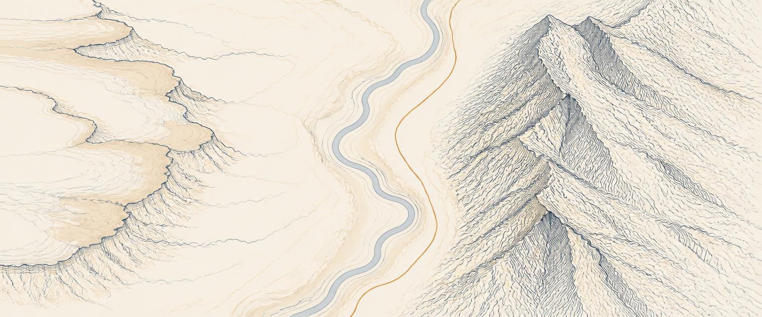 Contour-line illustration of the Albuquerque area: the Rio Grande valley running between the west mesa and the Sandia mountain ridge.